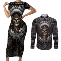 Skull Native American Warrior Couples Matching Short Sleeve Bodycon Dress and Long Sleeve Button Shirts - Wonder Print Shop