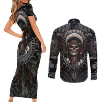 Skull Native American Warrior Couples Matching Short Sleeve Bodycon Dress and Long Sleeve Button Shirts - Wonder Print Shop