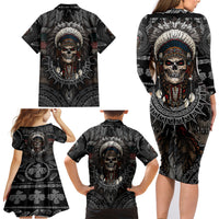 Skull Native American Warrior Family Matching Long Sleeve Bodycon Dress and Hawaiian Shirt - Wonder Print Shop