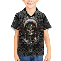 Skull Native American Warrior Family Matching Long Sleeve Bodycon Dress and Hawaiian Shirt - Wonder Print Shop
