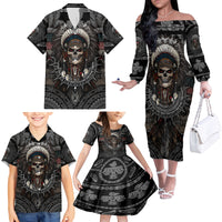 Skull Native American Warrior Family Matching Off Shoulder Long Sleeve Dress and Hawaiian Shirt - Wonder Print Shop