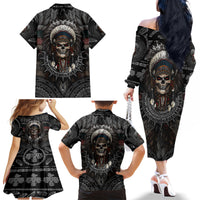 Skull Native American Warrior Family Matching Off Shoulder Long Sleeve Dress and Hawaiian Shirt - Wonder Print Shop