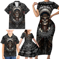 Skull Native American Warrior Family Matching Short Sleeve Bodycon Dress and Hawaiian Shirt - Wonder Print Shop