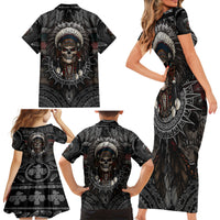 Skull Native American Warrior Family Matching Short Sleeve Bodycon Dress and Hawaiian Shirt - Wonder Print Shop
