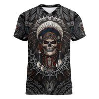 Skull Native American Warrior Women V Neck T Shirt - Wonder Print Shop