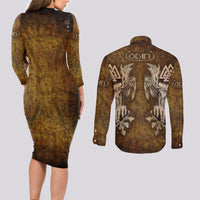 Odin Viking Couples Matching Long Sleeve Bodycon Dress and Long Sleeve Button Shirts Valknut, Ravens, and Enchanted Forest - Wonder Print Shop