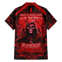 Red and black Hawaiian shirt with skull and gothic text graphic, button-up collar