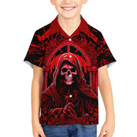 Red and black Hawaiian shirt with front skull face graphic and gothic lettering