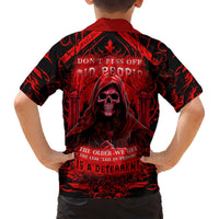 Red and black Hawaiian shirt with back skull and cathedral lettering graphic