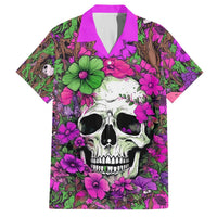 Hawaiian shirt with purple-pink collar, large skull face and flowers print, button-up