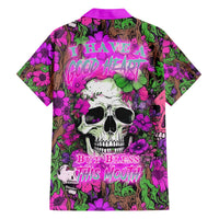 Hawaiian shirt with purple-pink collar, skull and floral graphic, multicolor button-up