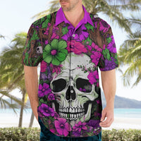 Men's Hawaiian shirt with purple collar, skull and tropical flower print, short-sleeve