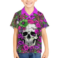 Kids' Hawaiian shirt with purple collar, skull and floral print, short-sleeve button-up