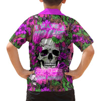 Hawaiian shirt back with neon text, skull and flowers print, purple-pink collar