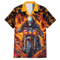 Black Hawaiian shirt with orange flame graphic, skull biker and short sleeves