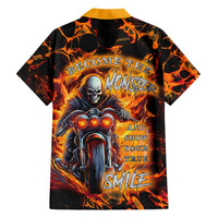 Black Hawaiian shirt with orange flame graphic and monster rider on chest