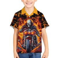 Kids black Hawaiian shirt with orange flame skull biker graphic and yellow collar