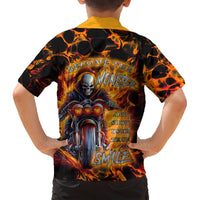 Black Hawaiian shirt with orange flame back print, skull biker and short sleeves