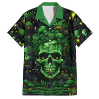 Green and black Hawaiian-style short-sleeve shirt with skull and plants graphic