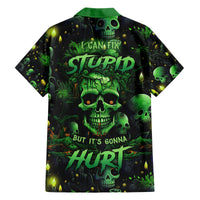 Green and black Hawaiian-style short-sleeve shirt with back skull graphic and text