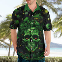 Men's green and black Hawaiian shirt with front skull and plants graphic, button-up