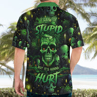 Back view of men's green and black Hawaiian shirt with large skull graphic and text