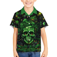 Kids green and black Hawaiian shirt with front skull and plants graphic, button-up