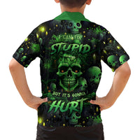 Kids back view green and black Hawaiian shirt with skull graphic and slogan text