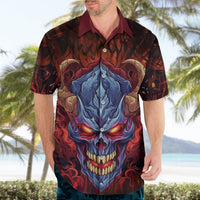 Men's dark Hawaiian shirt with blue skull monster graphic and maroon collar, worn front