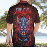Back view of dark red Hawaiian shirt with blue skull monster graphic and maroon collar