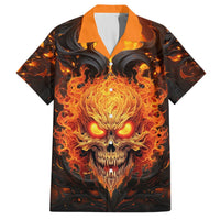 Black short-sleeve Hawaiian shirt with orange flames and roaring skull front print.