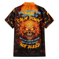 Black short-sleeve Hawaiian shirt with orange flame skull graphic and printed slogan.