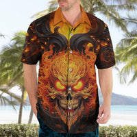 Black Hawaiian shirt with orange collar and large flame skull button front.