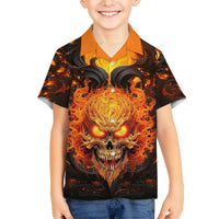 Orange-collared black Hawaiian shirt for kids with orange flame skull and button placket.