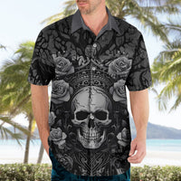 Mens black Hawaiian shirt with skull and rose print, open collar button-up