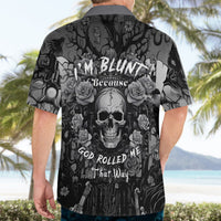 Black Hawaiian shirt back graphic with skull, roses, and slogan lettering