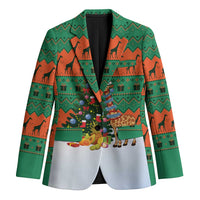 Giraffes Decorating Tree Gifts Blazer with Orange Green Holiday Pattern Design - Wonder Print Shop