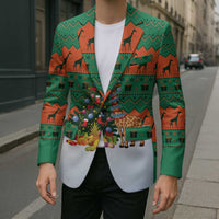 Giraffes Decorating Tree Gifts Blazer with Orange Green Holiday Pattern Design - Wonder Print Shop