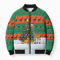Giraffes Decorating Tree Gifts Bomber Puffer Jacket with Orange Green Holiday Pattern Design - Wonder Print Shop