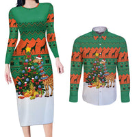 Giraffes Decorating Tree Gifts Couples Matching Long Sleeve Bodycon Dress and Long Sleeve Button Shirt with Orange Green Holiday Pattern Design - Wonder Print Shop