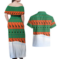 Giraffes Decorating Tree Gifts Couples Matching Off Shoulder Maxi Dress and Hawaiian Shirt with Orange Green Holiday Pattern Design - Wonder Print Shop