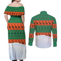 Giraffes Decorating Tree Gifts Couples Matching Off Shoulder Maxi Dress and Long Sleeve Button Shirt with Orange Green Holiday Pattern Design - Wonder Print Shop