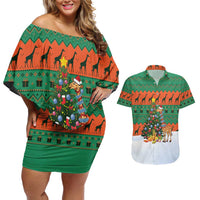 Giraffes Decorating Tree Gifts Couples Matching Off Shoulder Short Dress and Hawaiian Shirt with Orange Green Holiday Pattern Design - Wonder Print Shop
