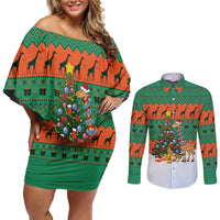 Giraffes Decorating Tree Gifts Couples Matching Off Shoulder Short Dress and Long Sleeve Button Shirt with Orange Green Holiday Pattern Design - Wonder Print Shop