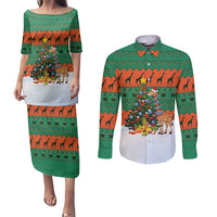 Giraffes Decorating Tree Gifts Couples Matching Puletasi and Long Sleeve Button Shirt with Orange Green Holiday Pattern Design - Wonder Print Shop