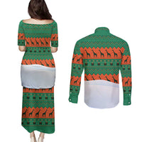 Giraffes Decorating Tree Gifts Couples Matching Puletasi and Long Sleeve Button Shirt with Orange Green Holiday Pattern Design - Wonder Print Shop