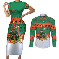 Giraffes Decorating Tree Gifts Couples Matching Short Sleeve Bodycon Dress and Long Sleeve Button Shirt with Orange Green Holiday Pattern Design - Wonder Print Shop