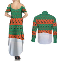 Giraffes Decorating Tree Gifts Couples Matching Summer Maxi Dress and Long Sleeve Button Shirt with Orange Green Holiday Pattern Design - Wonder Print Shop