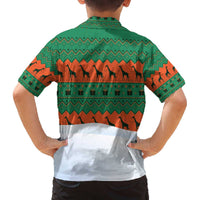 Giraffes Decorating Tree Gifts Family Matching Off The Shoulder Long Sleeve Dress and Hawaiian Shirt with Orange Green Holiday Pattern Design - Wonder Print Shop