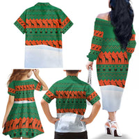 Giraffes Decorating Tree Gifts Family Matching Off The Shoulder Long Sleeve Dress and Hawaiian Shirt with Orange Green Holiday Pattern Design - Wonder Print Shop